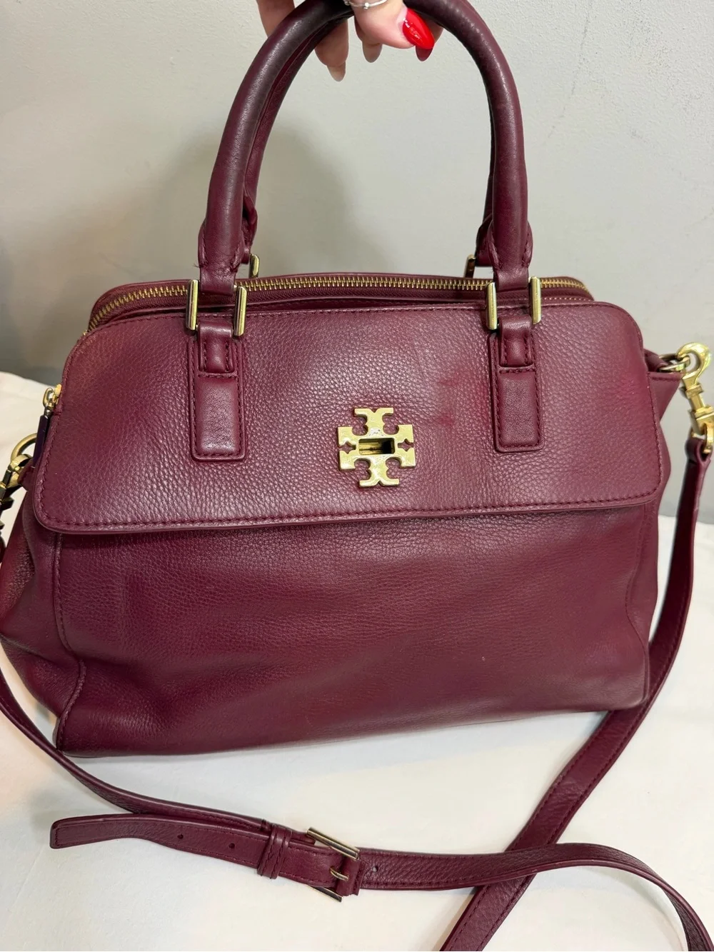 Tory Burch burgundy red Mercer Double Zip Dome Pebbled Leather Satchel/Crossbody